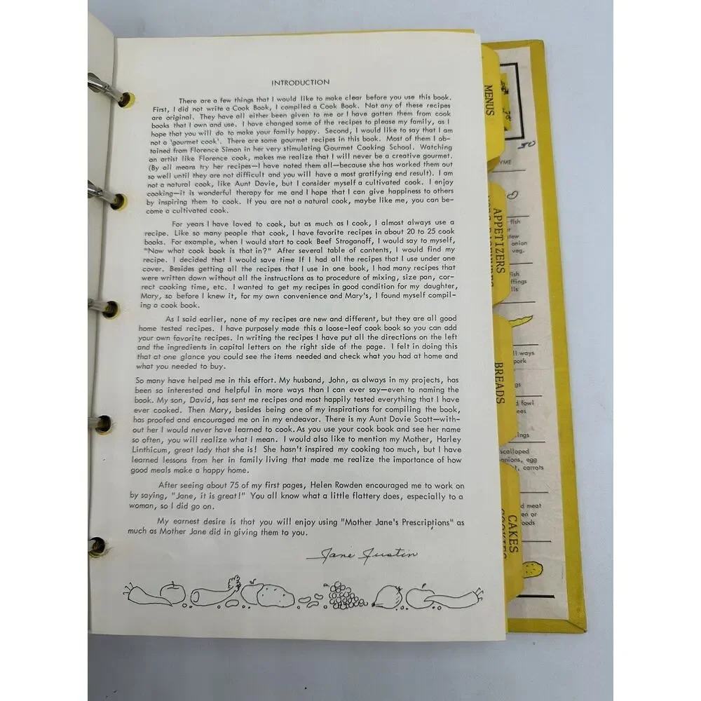 Mother Janes' Prescriptions for Hunger, Jane Justin 1968 Cookbook Recipe Binder